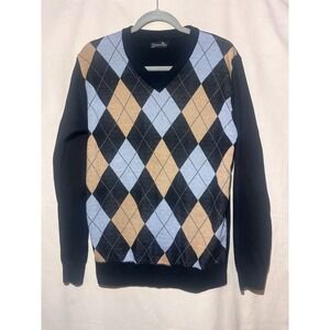 Whipper In Argyle V Neck Black Blue Pullover Men's SZ M Sweater A91